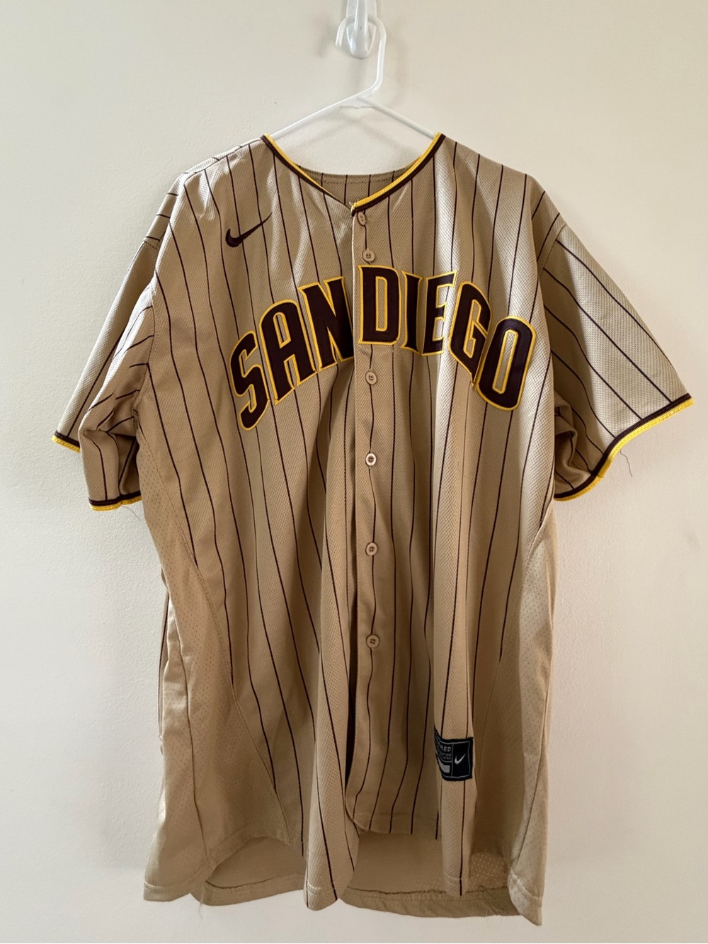 Nike San Diego Pinstripe Baseball Jersey in Khaki and Black with Yellow Trim